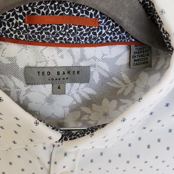 Ted Baker Evryone Luxury Short Sleeve Shirt White Geometric Turkey Size 4 US L - Picture 6 of 9
